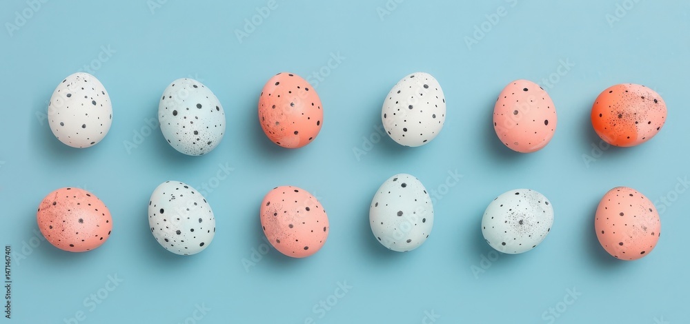 Top view pastel Easter eggs with black dots on blue background, flat lay decoration suitable for Easter celebration banners, seasonal greeting cards, and festive wallpapers. Top view pastel Easter eggs with black dots on blue background, flat lay decoration suitable for Easter celebration banners, seasonal greeting cards, and festive wallpapers.