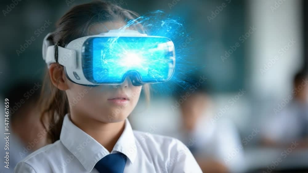 Girl and VR headset in the classroom: A young girl immerses herself in a virtual reality experience in a modern classroom, showcasing the integration of technology Girl and VR headset in the classroom: A young girl immerses herself in a virtual reality experience in a modern classroom, showcasing the integration of technology