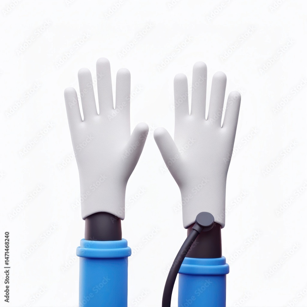 Obraz premium Two gloved hands, one with a blood pressure cuff, raised against a plain white background.