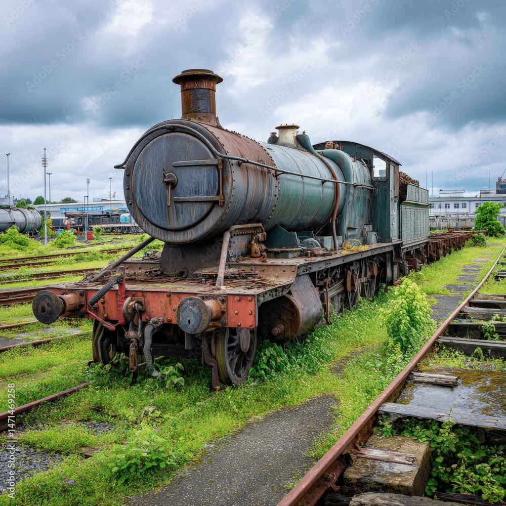 An old steam locomotive sits rusting on abandoned tracks, slowly being overgrown by grass on a cloudy day evoking decay and industrial history. An old steam locomotive sits rusting on abandoned tracks, slowly being overgrown by grass on a cloudy day evoking decay and industrial history.