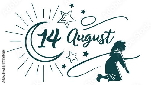 Celebrate pakistan independence day august with moon stars and praying woman vector illustration design