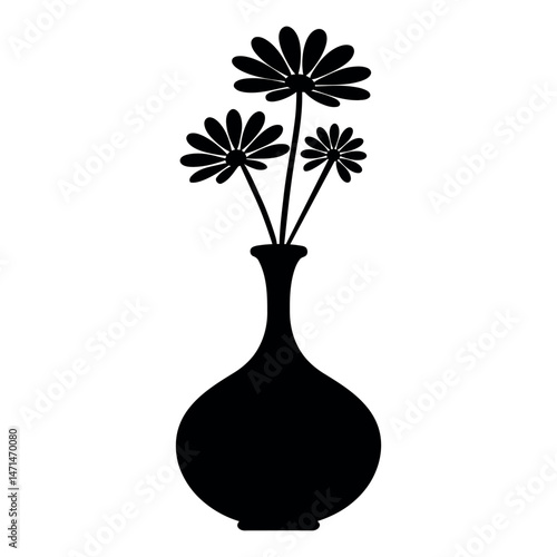 Black and white silhouette of a vase with flowers.