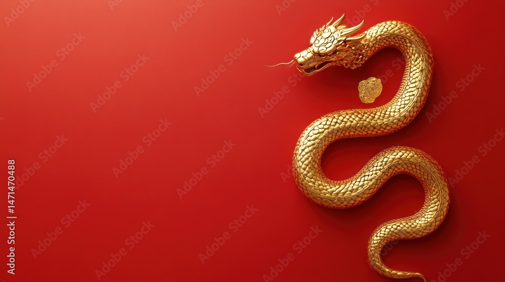 Fototapeta premium Golden Dragon on Red Background: A Symbol of Prosperity and Good Fortune