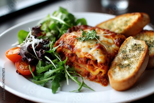 Gourmet lasagna served with fresh salad and crispy garlic bread for a delightful dining experience rich in flavors and textures, showcasing culinary excellence