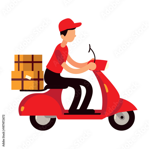 Flat vector icon of a delivery man on a scooter.