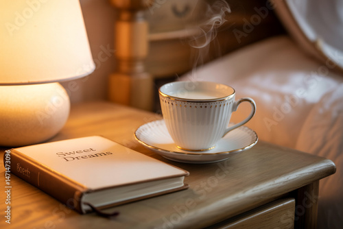 Peaceful Nighttime Scene Featuring Warm Drink,Book And Bedside Lamp On Wooden Table