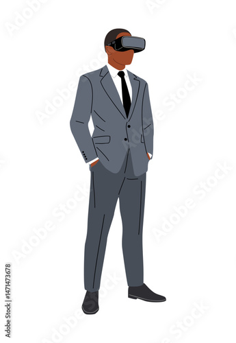 Black businessman in a formal suit and tie wearing a VR headset, standing full length. Flat vector illustration isolated on a transparent background