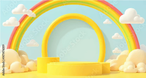 A colorful rainbow brightens the sky as the sun shines through the light clouds in this nature landscape