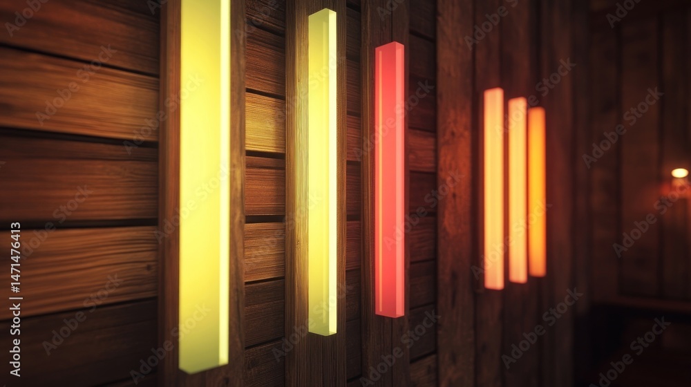 Fototapeta premium Modern Ambient Lighting Design with Vertical Neon Lights Against Wood Paneling for Unique Interior Aesthetic