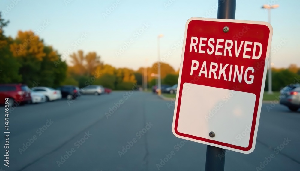 Reserved parking sign on a pole in a parking lot , parking area, spot, warning Reserved parking sign on a pole in a parking lot , parking area, spot, warning