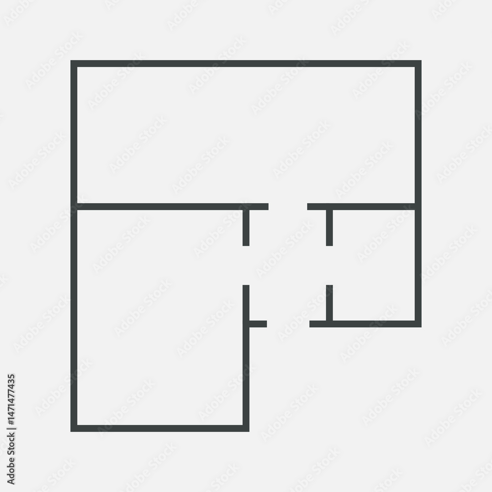 Floorplan simple icon room flat apartment line drawing, floor plan project, symbol. Technical architecture draw. Structure shape, build layout with doors and windows. Floorplan simple icon room flat apartment line drawing, floor plan project, symbol. Technical architecture draw. Structure shape, build layout with doors and windows.