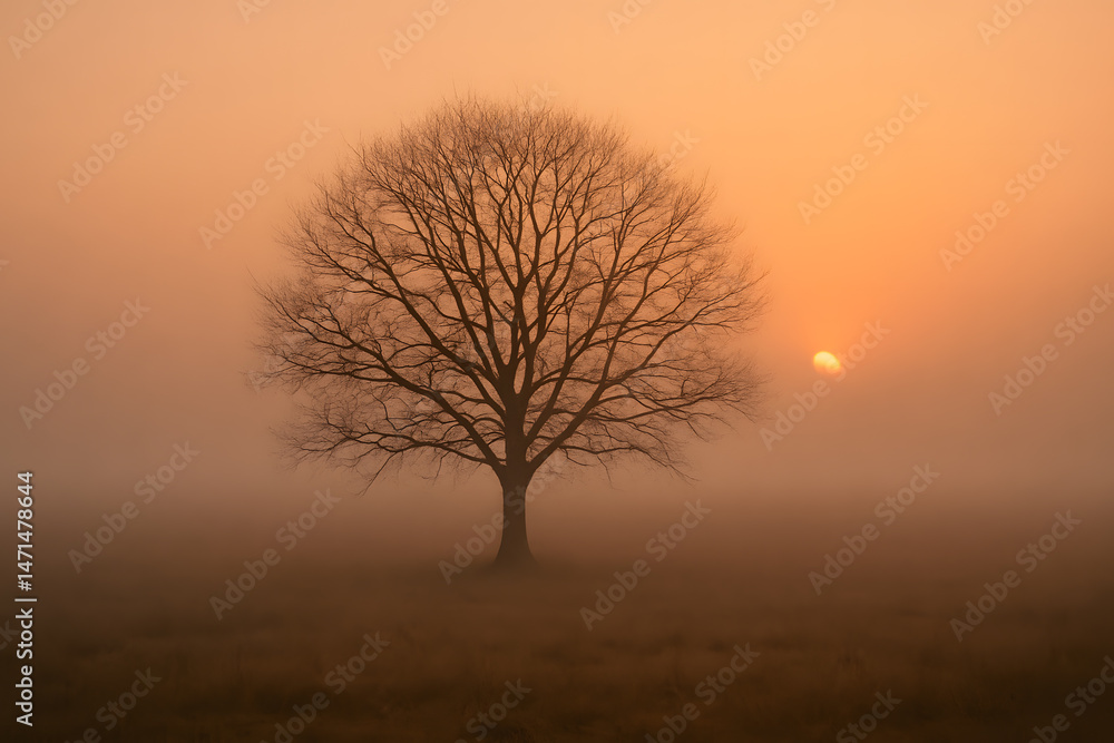 Obraz premium Lonely Tree in a Foggy Field