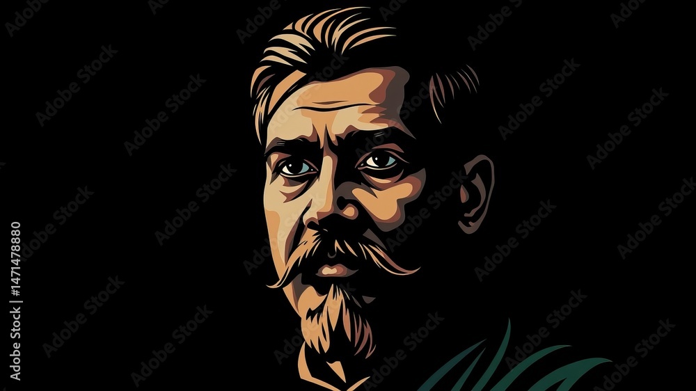 A stylized portrait illustration of a man with a mustache and beard against a dark background shows intense facial expression. A stylized portrait illustration of a man with a mustache and beard against a dark background shows intense facial expression.