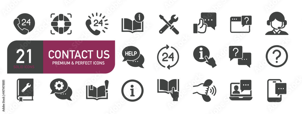Set of glyph solid icons contact us, support, customer service. Glyph solid icons collection. Vector illustration Set of glyph solid icons contact us, support, customer service. Glyph solid icons collection. Vector illustration