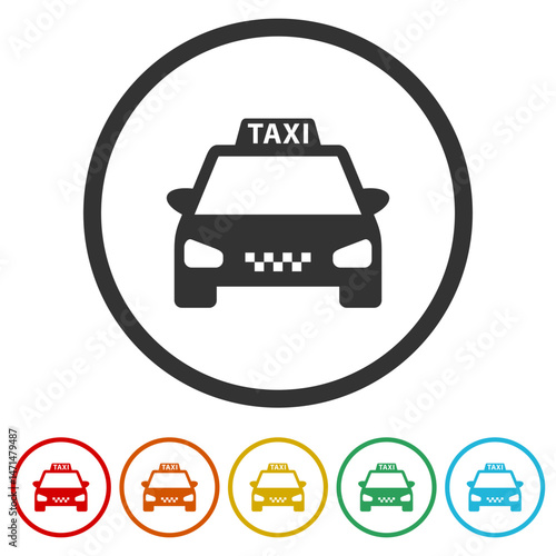 Taxi simple car icon. Set icons in color circle buttons
