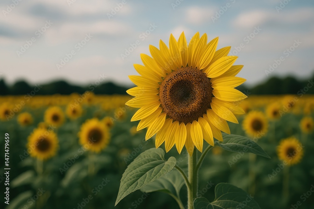 Fototapeta premium Vibrant sunflower field under sky.