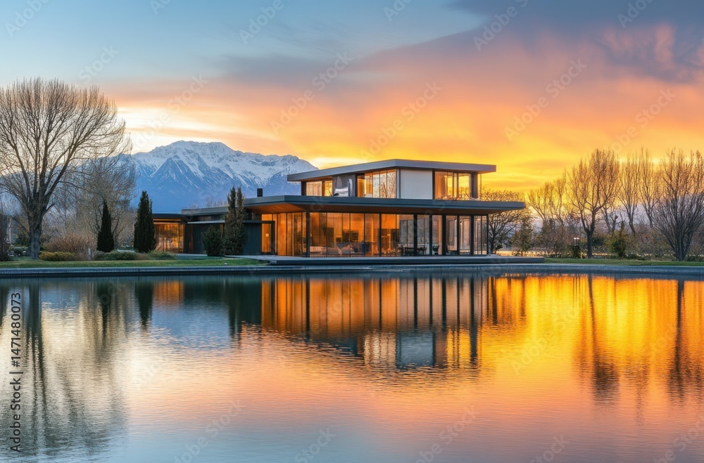 Fototapeta premium Modern villa by lakeside reflecting golden sunset