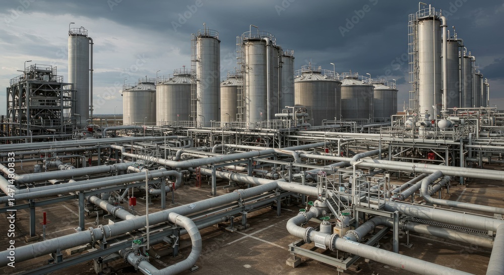 Industrial complex with numerous storage tanks and pipelines Industrial complex with numerous storage tanks and pipelines