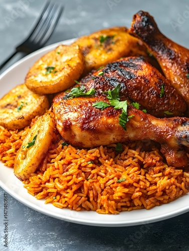 Delicious Nigerian Cuisine: Spicy Grilled Chicken with Crispy Plantains and Savory Rice - A Hearty and Flavorful Traditional Meal