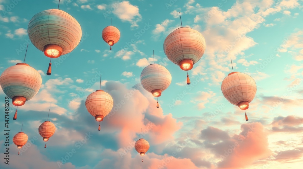 Naklejka premium Enchanted Sky: A Symphony of Floating Lanterns