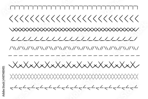 Stitch sewing machine, embroidery stitch border line zig zag hatch. Geometric fabric needlework, thread sew brushes, sewing seams. 