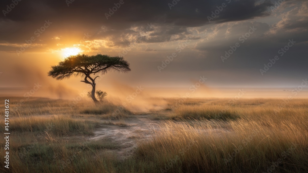 Obraz premium Golden sunset illuminates a serene savanna landscape with a lone acacia tree silhouetted against the radiant light and a moody, dramatic sky above.