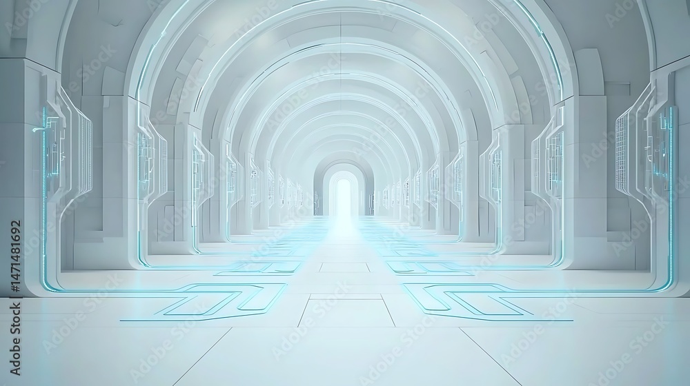 Fototapeta premium Futuristic arched tunnel, light blue accents