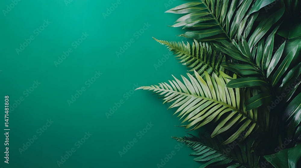 Close-Up of Green Fern Leaf Against a Vivid Green Background