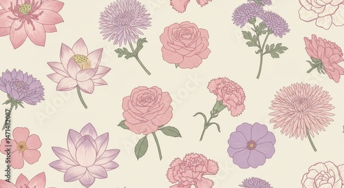 Pastel floral pattern with various blossoms and delicate lines.