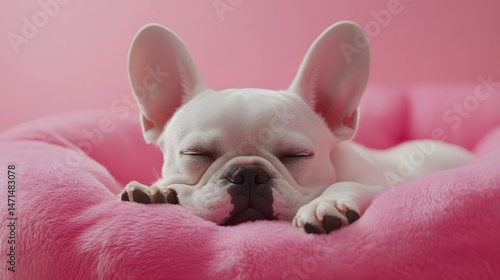 Obraz na płótnie French Bulldog sleeping on human bed w salonie