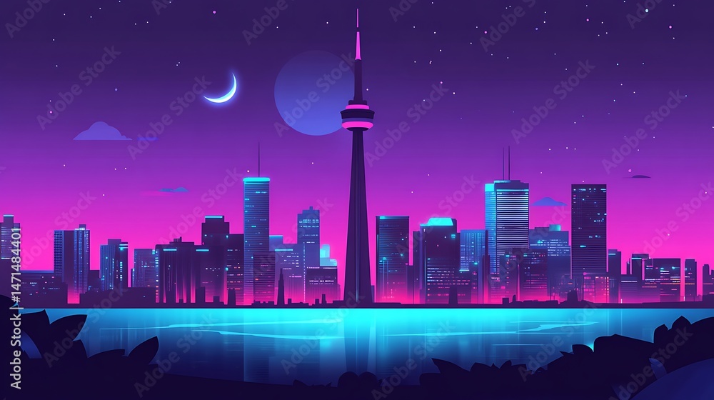 Fototapeta premium Neon City Nightscape Skyline.