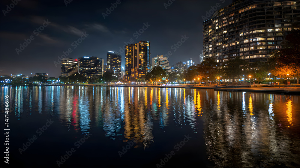 Naklejka premium Vibrant cityscape at night reflecting lights on calm water