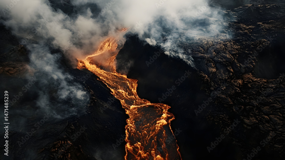 Fototapeta premium Aerial View of a Fiery Lava Flow at Night