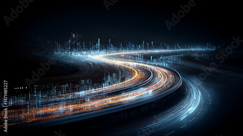 Futuristic city highway with digital overlays