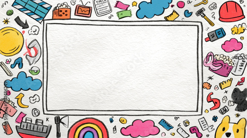 Hand-drawn doodles surrounding an empty frame on a white background