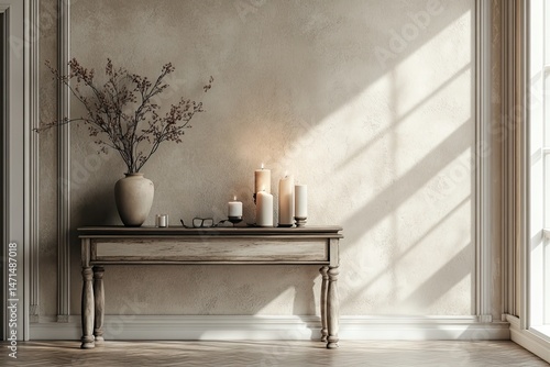 Console table with candles and vase near olive wall. Elegant hallway setup.