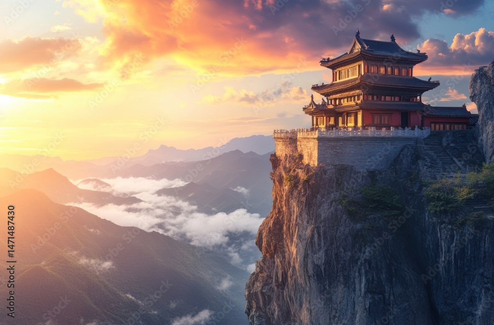 custom made wallpaper toronto digitalMountain temple perched on a cliff, sunrise background