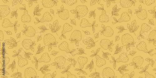 Fruits, branches, leaves. Seamless color pattern, doodle illustration. Apples, pears icons. Vegetarian food, healthy eating. Repeating background.