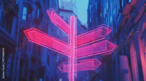 Futuristic neon signpost amidst towering city buildings, abstract journey ahead