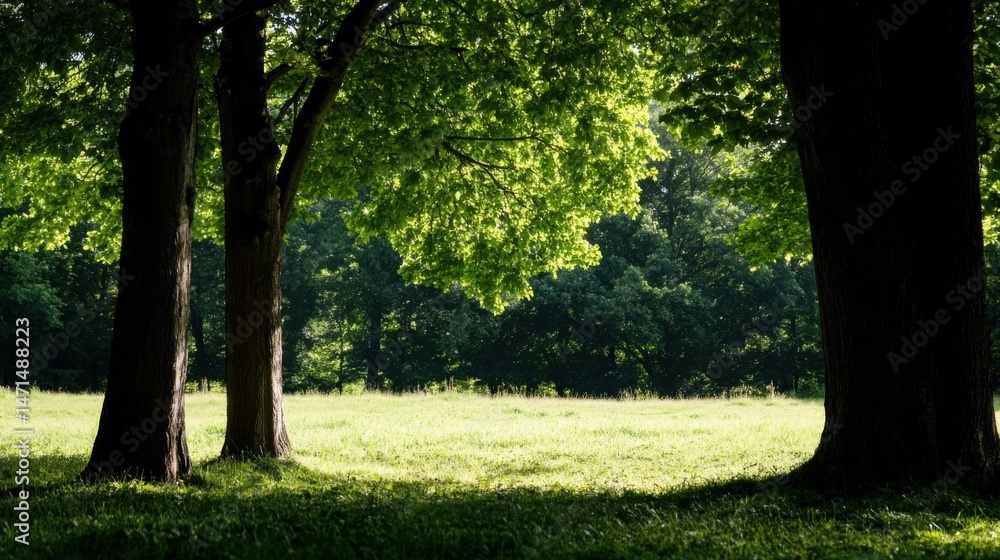 Naklejka premium Sunlight filters through lush green leaves of large trees, illuminating a tranquil meadow scene. The shadows cast by the trees create a dramatic contrast against the bright grass. : Generative AI