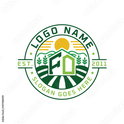 Modern Farmhouse FO Logo Design. Letter FO Agriculture Logo with Sun, Field, and Nature Elements