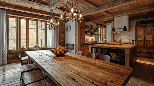 Inviting rustic wooden interior with a large dining table, chandelier and natural light