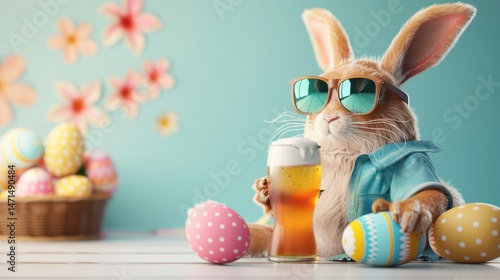 Holiday wallpaper with easter bunny wearing shirt and holding beer in spring scene with eggs, wooden surface with sky blue color background, for easter celebration, banner, or wall print