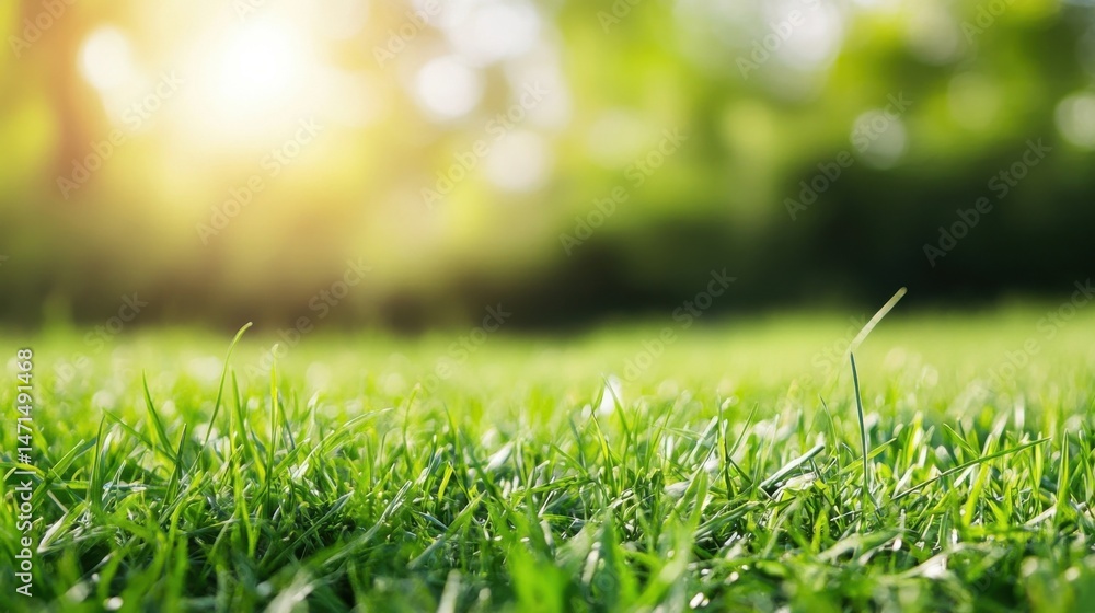 Close-up view of vibrant green grass blades illuminated by warm sunlight, with a softly blurred natural background of trees and foliage. : Generative AI Close-up view of vibrant green grass blades illuminated by warm sunlight, with a softly blurred natural background of trees and foliage. : Generative AI
