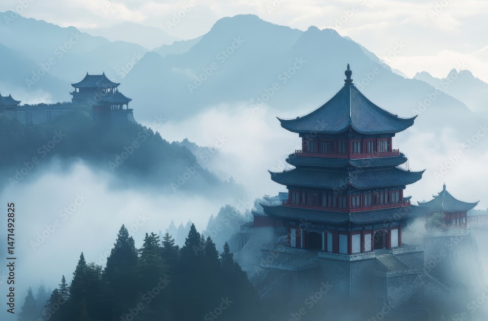 Obraz premium Old pagoda surrounded by mist and mountain range