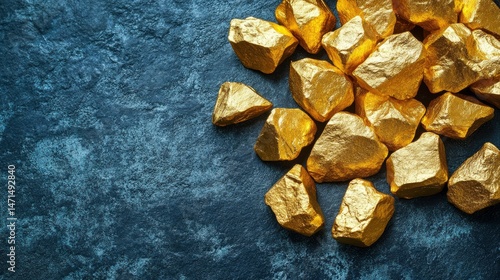 Luminous Gold Nuggets on Dark Blue Background Wealth, Luxury, and Success Concept
