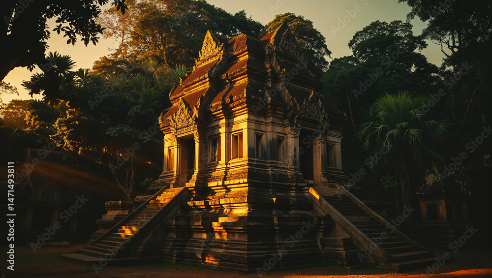 Obraz premium Ancient khmer temple illuminated by setting sun in tropical forest