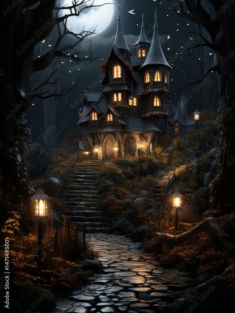 A spooky mansion illuminated at night with a stone path and a large moon in the dark sky above A spooky mansion illuminated at night with a stone path and a large moon in the dark sky above