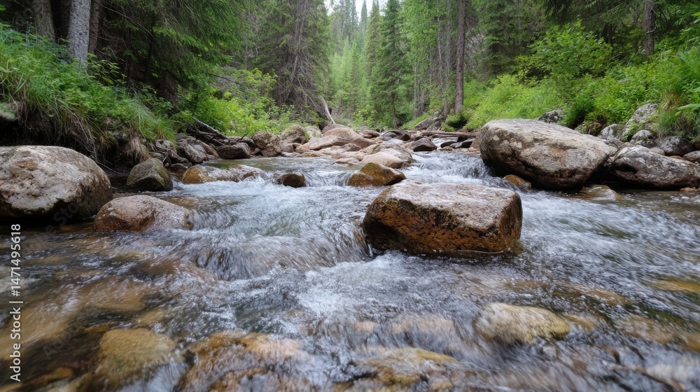 A pristine mountain stream flows smoothly over rocks, nestled within a dense evergreen forest, sunlight dappling the water's surface. : Generative AI A pristine mountain stream flows smoothly over rocks, nestled within a dense evergreen forest, sunlight dappling the water's surface. : Generative AI