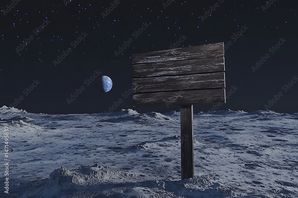 Fototapeta premium A wooden signpost stands on a lunar surface under a starry sky, with Earth visible in the background